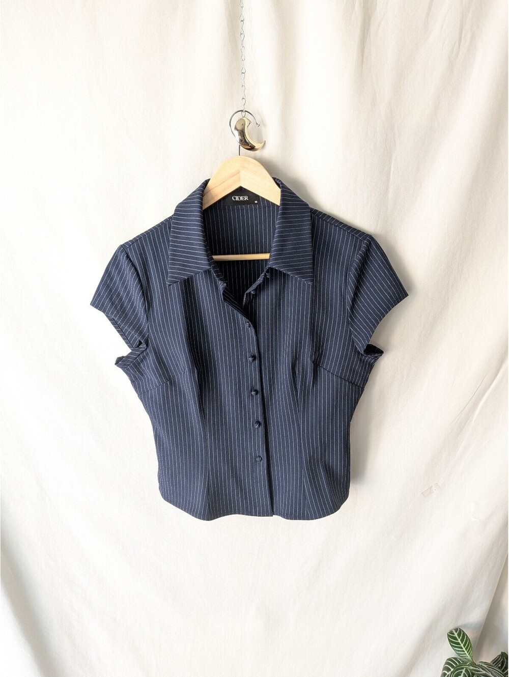 Cider navy pinstripe short sleeve button front blouse